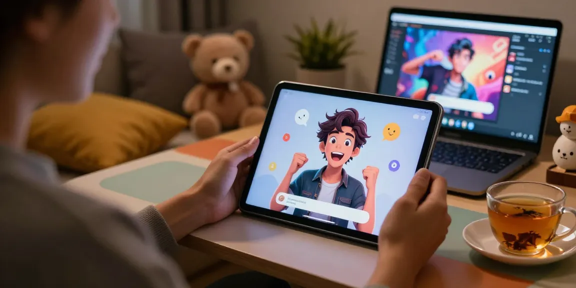 Engaging NSFW character AI chat on tablet in cozy home office