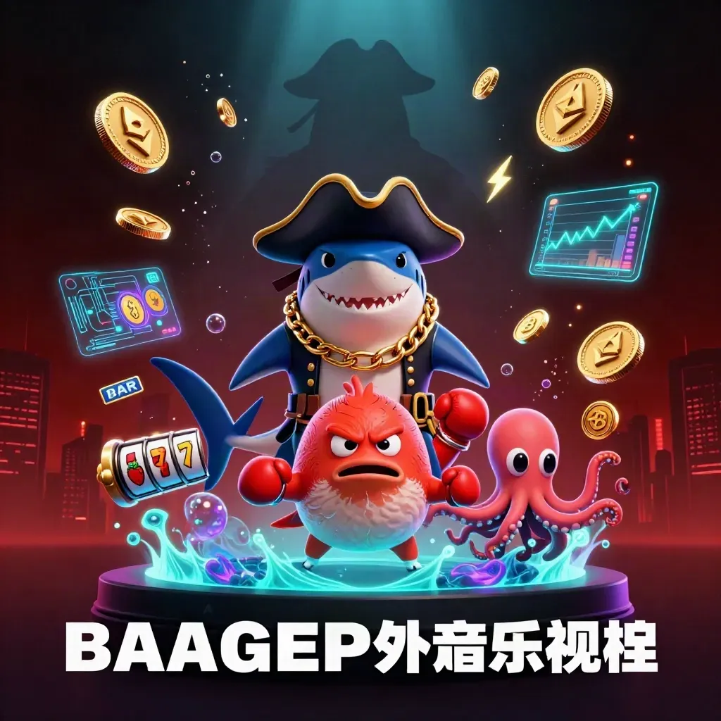 Pirate shark, boxing pufferfish, and coin-juggling octopus amid neon crypto and slot effects