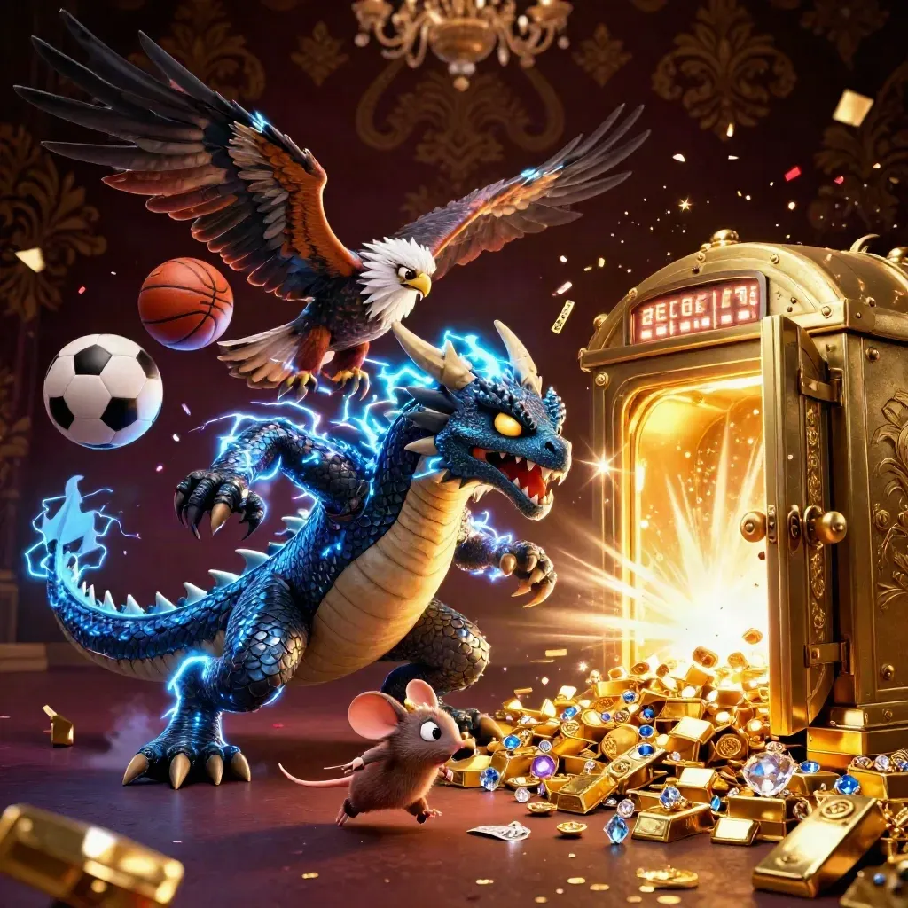 Thunder dragon, hawk and mouse amid gold vault loot, balls, sparks and casino light