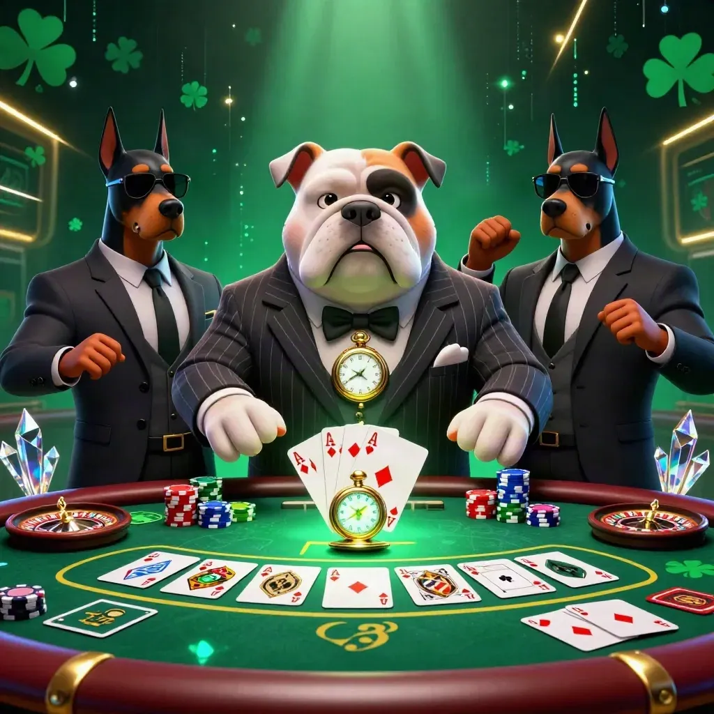 Bulldog boss with Doberman guards at a glowing casino table amid chips, cards, and a spinning wheel.