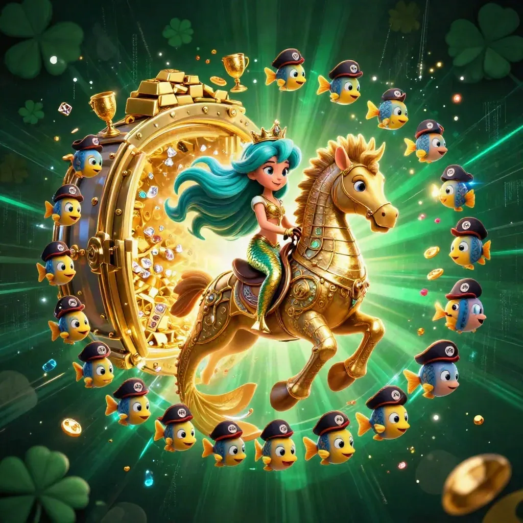 Mermaid princess on a gold seahorse, treasure vault exploding with gems and cyan casino energy.