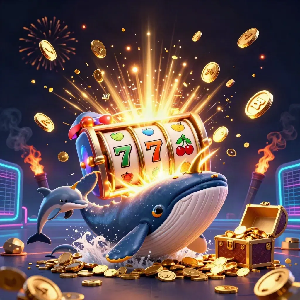 Whale captain, narwhal, and dolphins burst from coins beside a jackpot slot machine