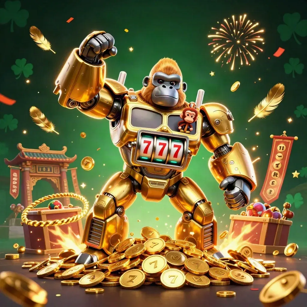 Golden gorilla mech with monkey pilot amid coins, fireworks, temple gate, and jackpot chaos.