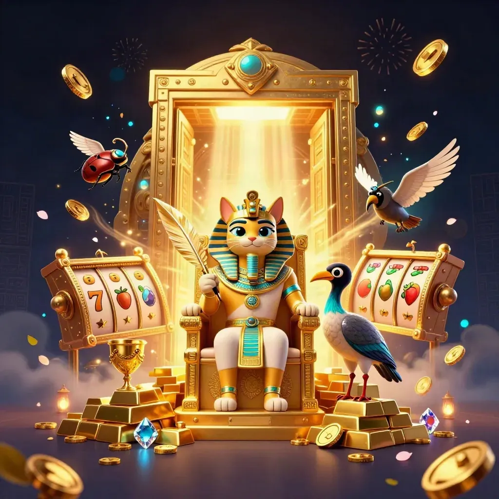 Pharaoh cat, ibis scribe, and gem-winged scarabs erupt from a glowing vault amid coins and fireworks.