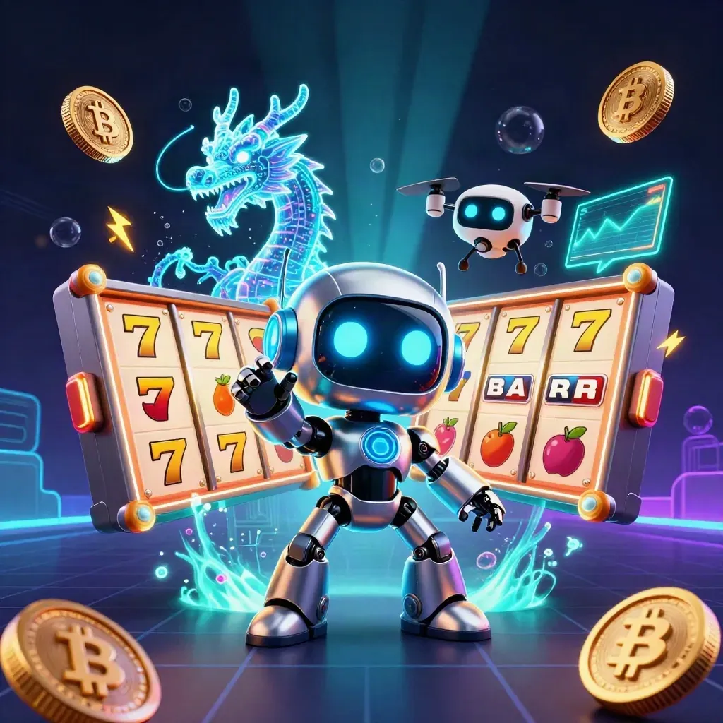 Cyberpunk robot, holographic dragon and coin drone amid slot symbols, coins, lightning and neon casino glow.