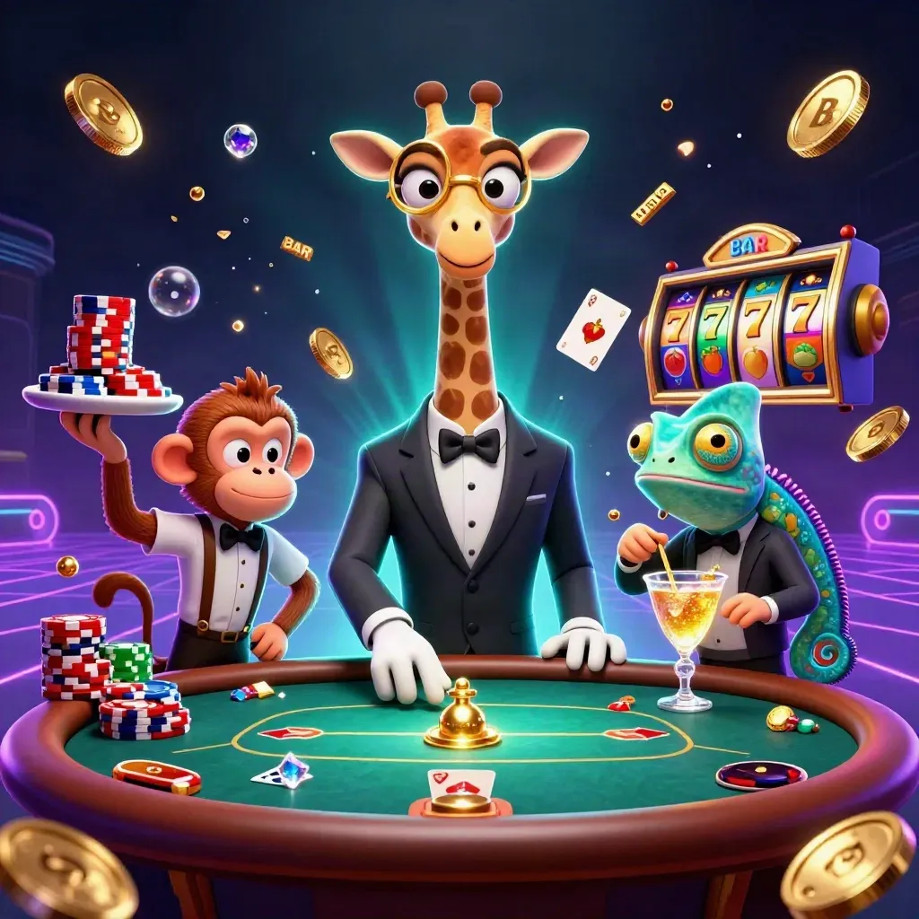 Glamorous giraffe, monkey valet, and chameleon bartender amid casino chips, coins, and neon slot effects.